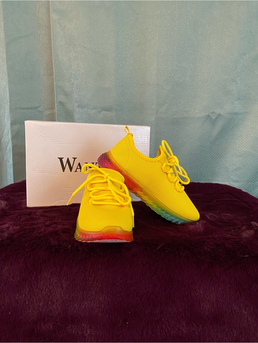 Wanted Bright Yellow Knit Sneakers with Multicolor Gradient Sole